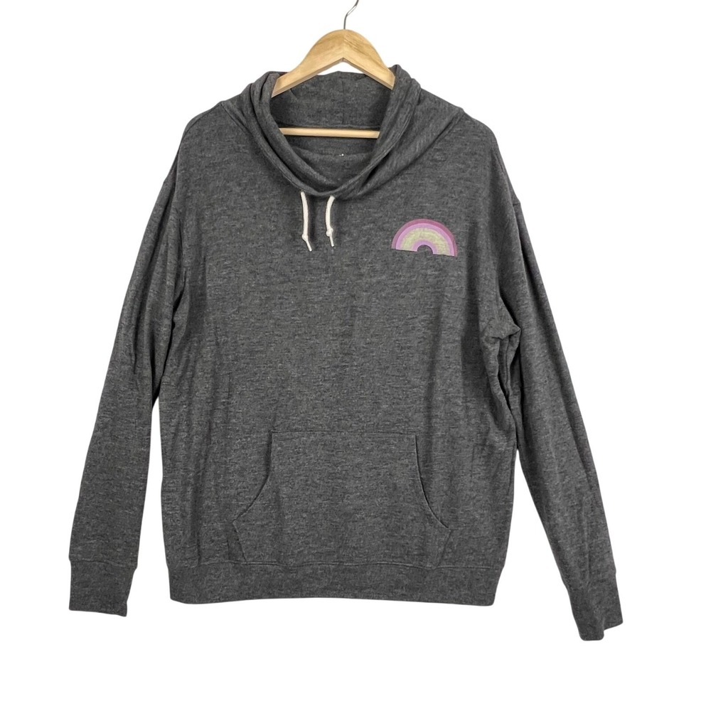 Well Worn Womens Large Sweatshirt Gray Rainbow Cowl Neck Pullover Pocket Casual